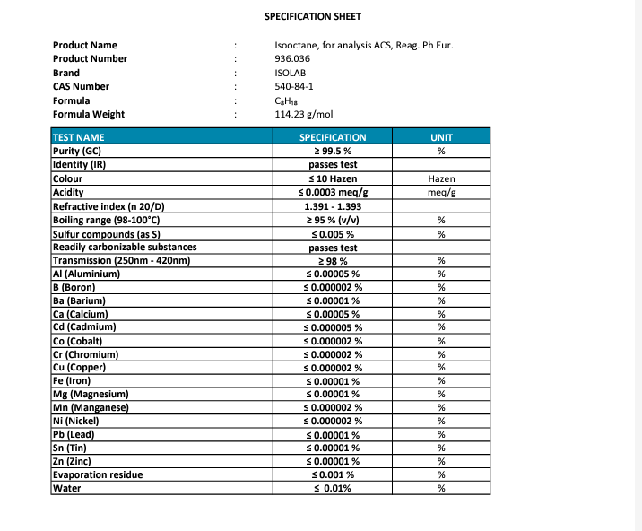 Isooctane ≥ 99.5%(Izooktan), For Analysıs Acs,Reag. Ph Eur. Cas No:540-84-1 2,5LT cam şişe