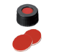 9 mm Kombinasyon Conta: PP Kısa Dişli Kapak, siyah, PTFE kırmızı/Silikon beyaz/PTFE kırmızı, orta delikli; 45° kıyı A, 1,0 mm