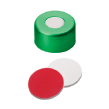 UltraClean Kapanış: 11 mm Alüminyum Kapak, yeşil lake, orta delik; Silikon beyazı/PTFE kırmızısı, 45° Shore A, 1,3 mm