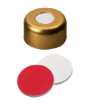 UltraClean Kapanış: 11 mm Alüminyum Kapak, altın lake, orta delik; Silikon beyazı/PTFE kırmızısı, 45° Shore A, 1,3 mm