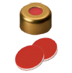 UltraClean Kapanış: 11 mm Alüminyum Kapak, altın lake, orta delik; PTFE kırmızı/Silikon beyaz/PTFE kırmızı, 45° Shore A, 1,3 mm